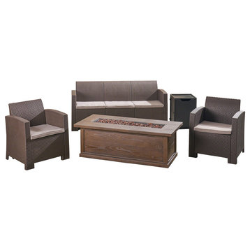 GDF Studio Ian Outdoor Wicker Print Chat Set For 5 With Fire Pit, Brown/Mixed Bi