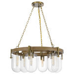 Cal Lighting - Stovall 60W metal/glass/birch wood hangin light, Fx-3812-6 - Add a distrinctive touch to your space with this bullet style hanging chandelier. It features a durable metal construction with a clear glass shades and wooden accents. This chandelier light ships complete with 72 inches of chain and matching canopy.
