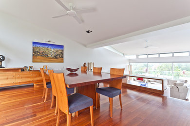 Photo of a mid-sized contemporary open plan dining in Sydney with white walls, dark hardwood floors and brown floor.