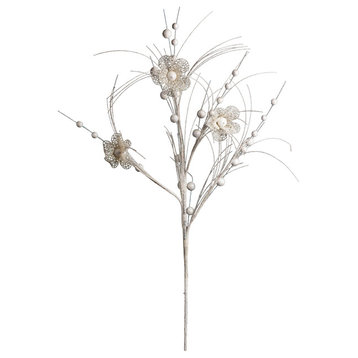 37" White Glitter Flower Spray
