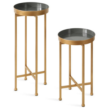 Celia Round Metal Foldable Tray Table Set, Gray/Gold 2 Piece