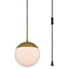 Elsa 1-Light Brass Plug-In Pendant With Frosted White Glass