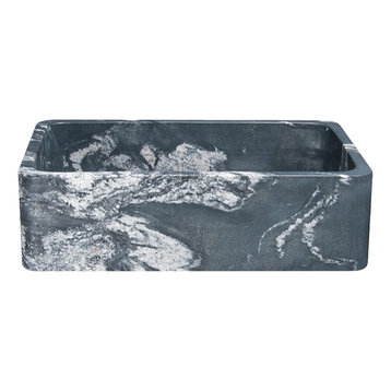 33" Farmhouse Kitchen Sink, Single Bowl, Reversible, Black Glacier Quartz