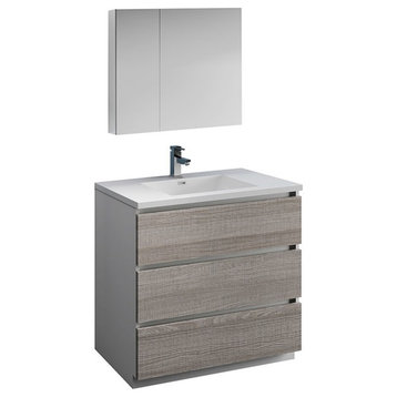 Fresca Lazzaro 36" Wood Bathroom Vanity with Medicine Cabinet in Glossy Ash Gray
