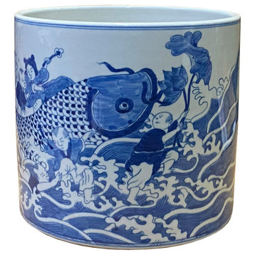 Chinese Blue and White Porcelain People Scenery Brush Holder Pot Hws2711