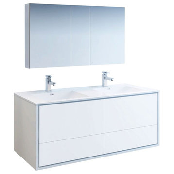 Catania 60" White Double Sink Vanity Set, Fiora Faucet/Brushed Nickel