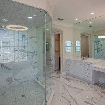 Sleek Marble Bathroom with Dual Vanities and Glass Shower