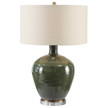 Distressed Emerald Green Ceramic Table Lamp Classic Brass Gold Beige Earth Tones