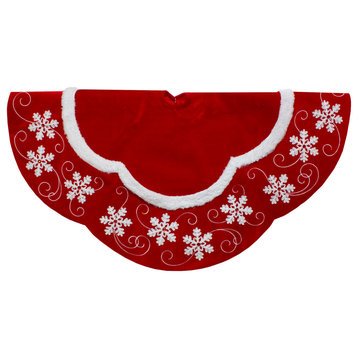 48" Velvet Red and White Snowflake Scallop Christmas Tree Skirt