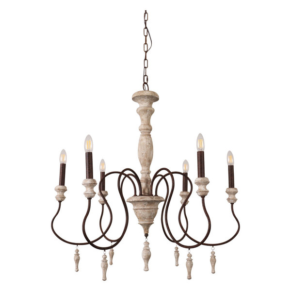 Antique 5 Light Wooden Candle Chandelier, Distressed White Antique 5 Light Wooden Candle Chandelier, Distressed White
