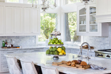 Large elegant l-shaped dark wood floor and brown floor kitchen photo in San Francisco with glass-front cabinets, white cabinets, marble countertops, an island, a single-bowl sink, white backsplash, marble backsplash and stainless steel appliances