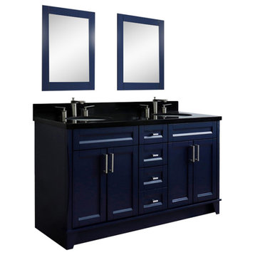 61" Double Sink Vanity, Blue Finish And Black Galaxy Granite And Oval Sink
