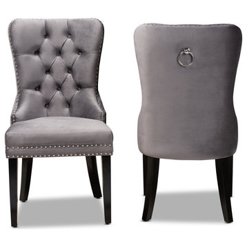Set of 2 Dining Chair, Elegant Design With Button Tufted Back & Nailhead, Gray