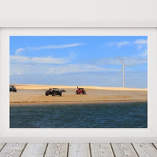 Beach buggies and Wind turbine on Dunes. Galinhos - RN, Brazil. Downloa