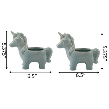 Set Of 2 Ceramic Unicorn Pot, Teal