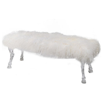 Benzara BM285031 Accent Bench, Faux Fur Upholstered, Hooved Legs, All White