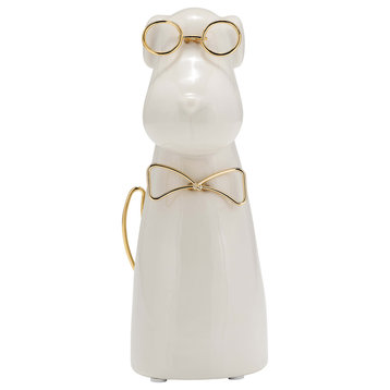 Cer 7"H, Puppy With Gold Glasses And Bowtie, White