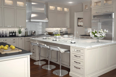 Example of a mid-sized transitional u-shaped dark wood floor enclosed kitchen design in Indianapolis with a farmhouse sink, beaded inset cabinets, beige cabinets, marble countertops, white backsplash, stone slab backsplash, stainless steel appliances and an island