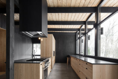 This is an example of a large modern galley kitchen in Montreal with an undermount sink, flat-panel cabinets, light wood cabinets, granite benchtops, panelled appliances, ceramic floors, grey floor, black benchtop and timber.
