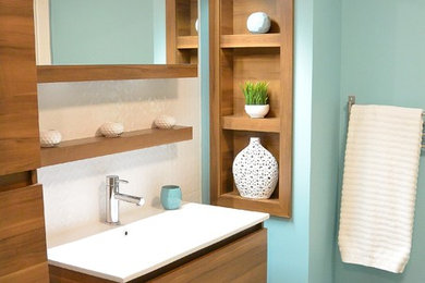 Bathroom - small contemporary white tile and ceramic tile ceramic tile bathroom idea in Montreal with blue walls and a console sink