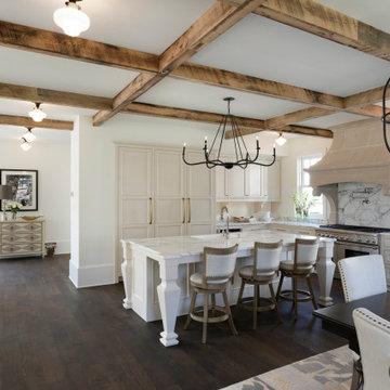 Reclaimed Wood Box Beams Coffered Ceiling in a Scandinavian Open Concept Kitchen