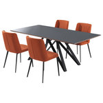 Armen Living - Maine Gray Glass 5-Piece Metal Dining Set - The Armen Living Urbino and Maine modern dining set is an exquisite pairing of complementary items that is certain to enhance the beauty of any contemporary dwelling. The sleek, Matte Black Metal finished Urbino finds its match in the elegant Maine side chair assemblage. The Urbino's beautiful dark grey and walnut top brilliantly contrasts with the orange of the Maine chairs, creating a stunning, yet inviting atmosphere. This collection is certain to not only turn heads at your next gathering, but leave your friends feeling relaxed and comfortable as well. The elegant Urbino/Maine dining set includes 1 dining table and 4 dining chairs.