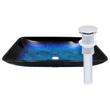 Novatto Fresca Blue and Black Glass Vessel Bath Sink and Drain, Chrome