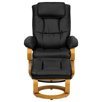 Black Leather Recliner and Ottoman With Swiveling Maple Wood Base