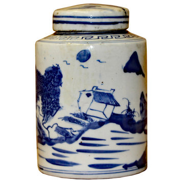 Chinese Blue White Ceramic Oriental Scenery Graphic Container Urn Jar Hws838