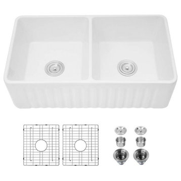 33" L X 20" W Double Basin Farmhouse Kitchen Sink With Grid And Strainer