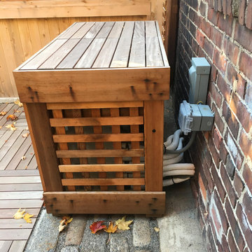Custom cedar air conditioner enclosure and side table