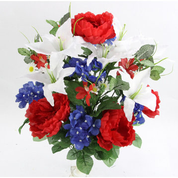 Artificial Full Blooming Mixed Bush Arrangement, Red White Blue, 24 Stems
