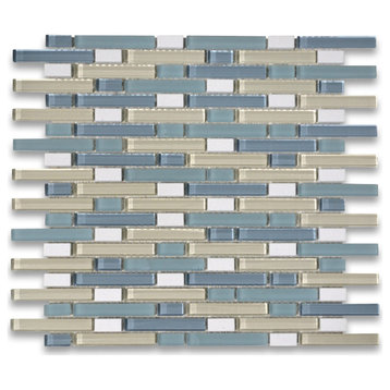 Glass Mosaic Tile Blue Beige Glass Mix Crystal White Marble Brick, 1 sheet