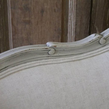 20th Century Carved and Painted Settee Upholstered in Belgian Linen