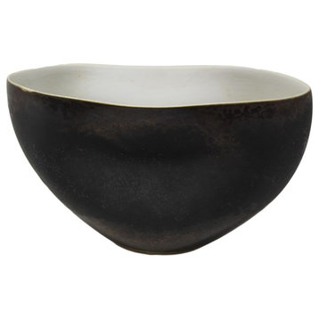 Folded Porcelain Black Bronze White Bowl, 11" Japanese Raku Decorative Metallic