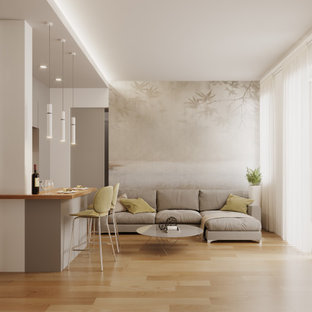 Foto de salón para visitas abierto y papel pintado, actual, pequeño, papel pintado, con paredes blancas, suelo de baldosas de porcelana, televisor colgado en la pared y papel pintado