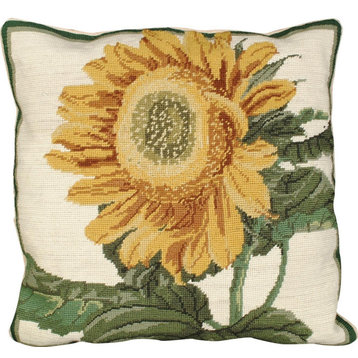 Throw Pillow Needlepoint Sunflower Flowers 18x18 Beige Yellow Cotton