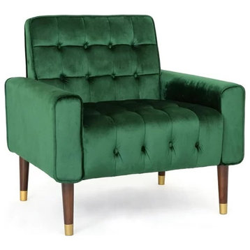 Elegant Accent Chair, Square Tufted Velvet Seat, Gold Tipped Wooden Legs, Green
