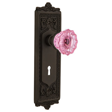 Egg & Dart Plate Single Dummy Crystal Pink Glass Knob, Oil-Rubbed Bronze