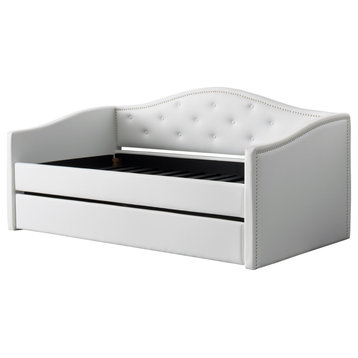 Beige Tufted Fabric Day Bed With Trundle, Twin/Single, White