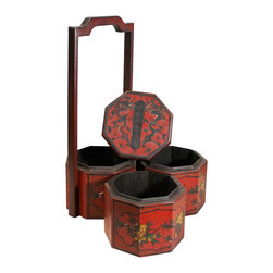 Chinese Red Lacquer Color Floral Graphic Painting Octagon Stack Box - Decorative Boxes
