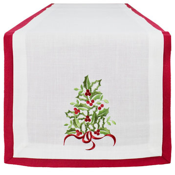 Embroidered Christmas Tree Layered Table Runner, Red+white, 16" X 96"