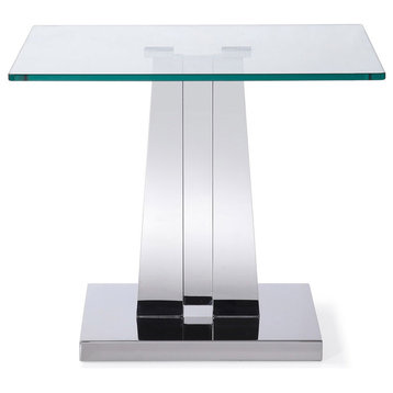 Modern Deta End Table - Clear Glass with Polished Stainless Steel Base
