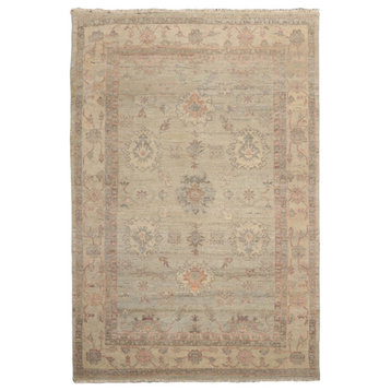 6'x9' Hand Knotted Wool Afghan Oushak Oriental Area Rug, Moss, Beige Color