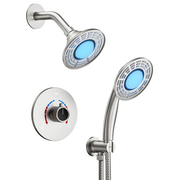 Pressure Balance Shower Faucet Set 3 Colors LED Shower Head With Rough-in Valve, Brushed Nickel, 5"