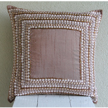 Peach Pink Sofa Pillow Cover Art Silk 20"x20" 3D Sequins Embellished, Cinderella