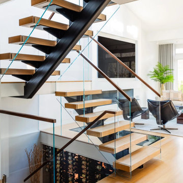 Rift Sawn White Oak Plank Flooring, Floating Staircase