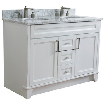 48" Double Sink Vanity, White Finish With White Carrara Marble And Oval Sink