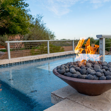 PebbleTec Pool Remodel: PebbleSheen Blue Surf, Lightstreams Tile, Fire + Water