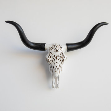 Faux Large Carved Texas Longhorn Skull Wall Decor, Off-White and Black